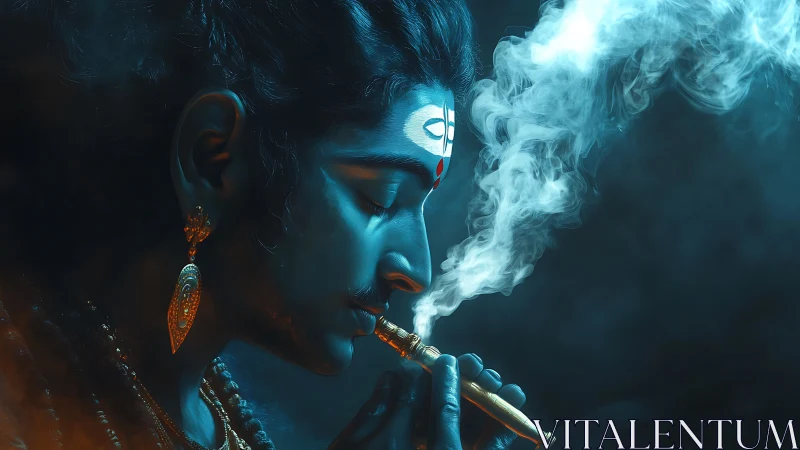 Mystical blue deity in side profile exhaling sacred smoke.