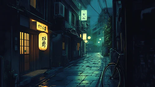 Nocturnal Tokyo alleyway with neon lantern-lit reflections.