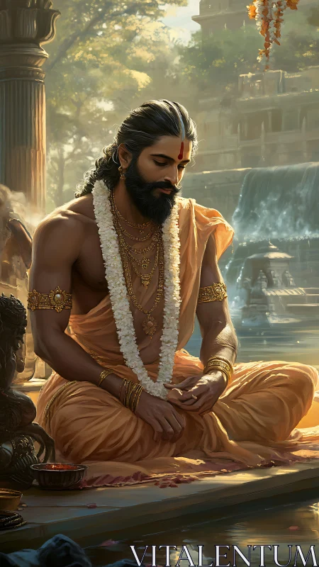 Sunlit sage folds temple quiet into flowing golden cloth