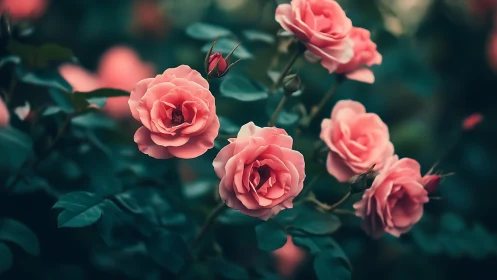 Pink roses with teal foliage in soft-focus garden setting.