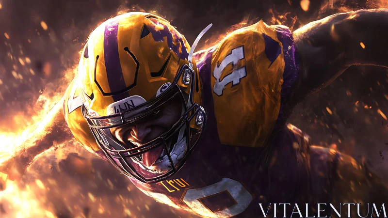 Football player lunges forward in fiery digital artwork