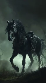 Black armored horse in misty, dimly lit wetland landscape.