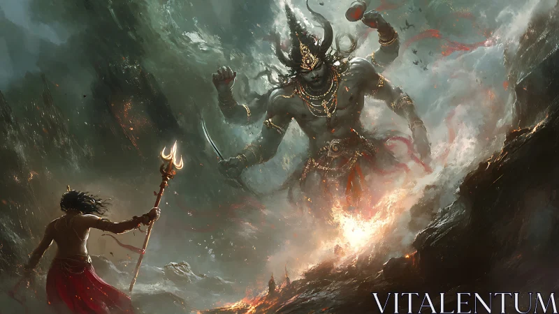 Colossal infernal deity confronting lone trident bearer.