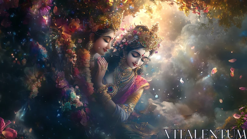 Divine lovers in celestial garden under radiant cosmic glow.
