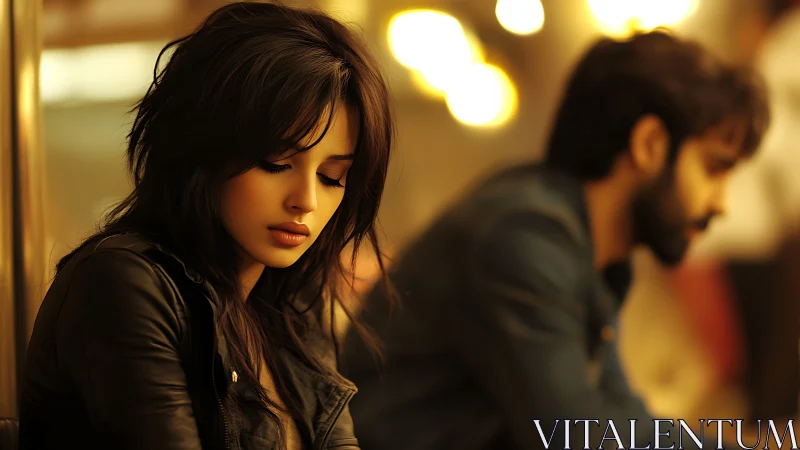 Pensive woman in leather jacket with blurred man, cinematic mood.