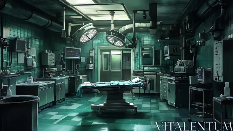 Dimly lit surgical operating room with idle equipment.