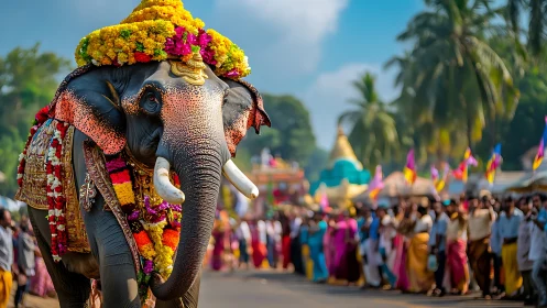 Flower-crowned festival elephant leading a river of color.