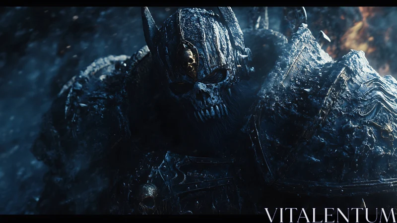 Cinematic undead warlord in frostbound armor, low-key lighting.