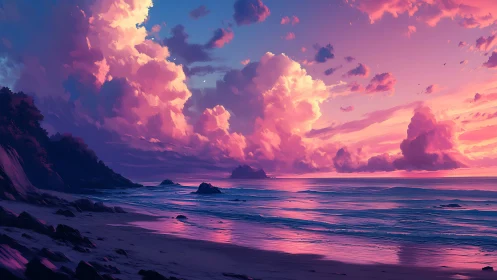Radiant sunset clouds glow above tranquil neon shoreline.