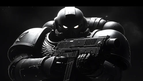 Armored sci fi soldier aims rifle in high contrast lighting