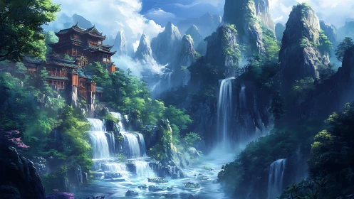 Mountain temple complex framed by cascading alpine waterfalls