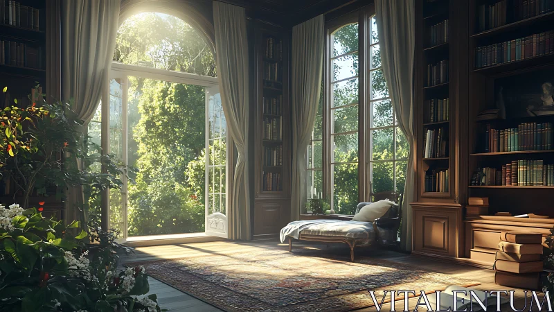 Sunlit classic library with open garden doors and chaise longue