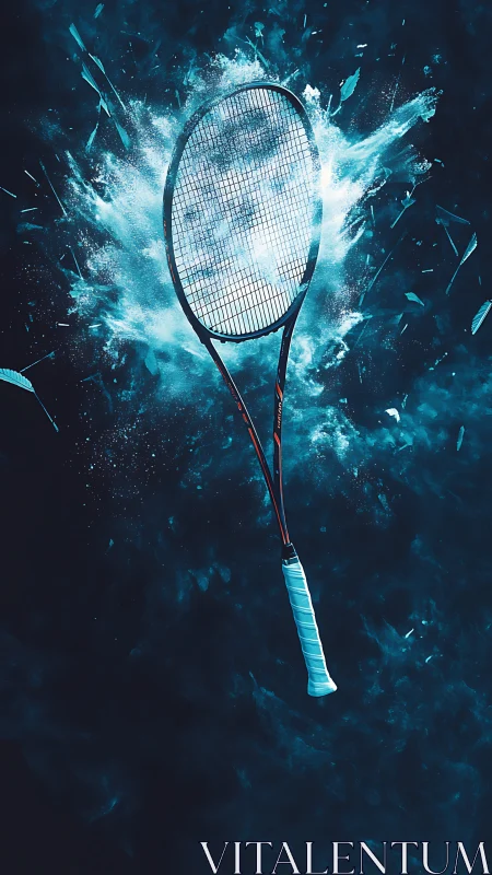 Badminton racket floats amid blue explosive particle burst