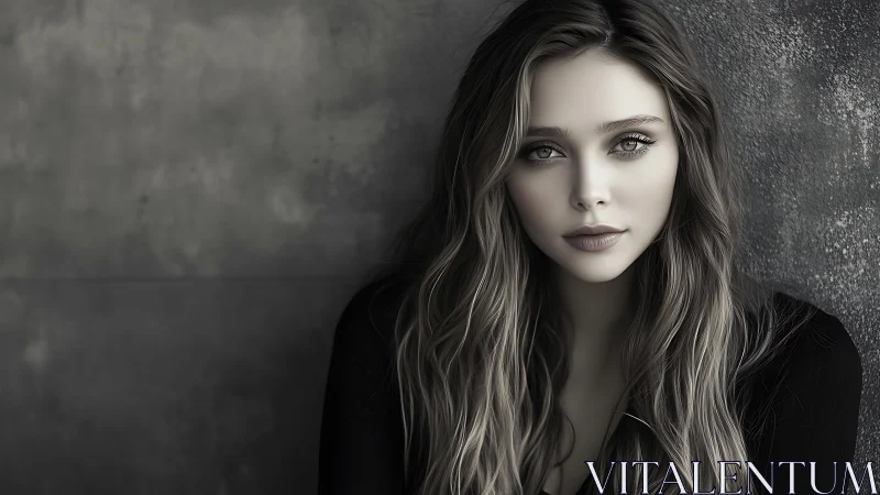 Portrait shows a young woman facing camera beside textured wall