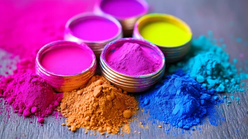Vibrant pigment powders arranged in open metal tins.
