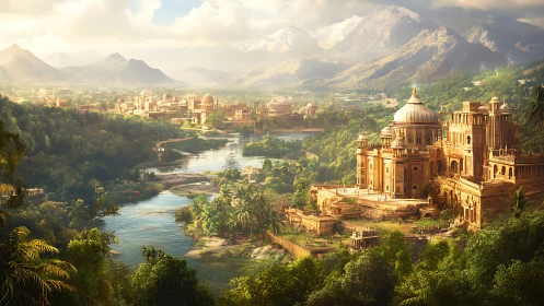 Sunlit river kingdom cradled by emerald jungles and peaks.