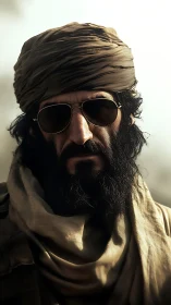 Weathered desert wanderer in turban and dark sunglasses.