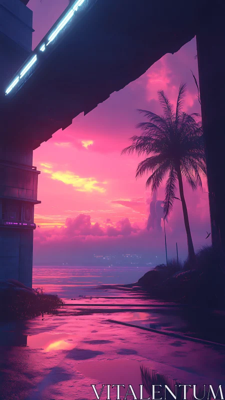 Neon tide under tropical skies at dreamy cyber sunset.
