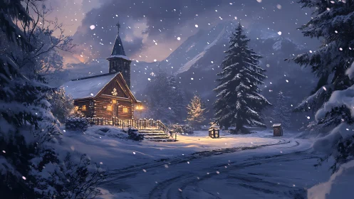 Snowy mountain cabin with warm lights in winter night