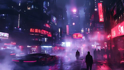 Neon cyberpunk street glows through dense magenta fog.