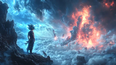 Wistful warrior gazing across a storm of fire and sky.