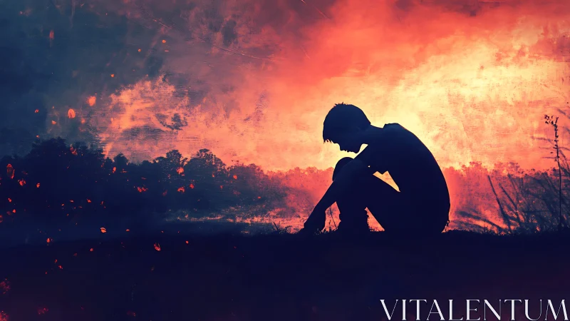 Silhouetted figure seated against vivid sunset backdrop.
