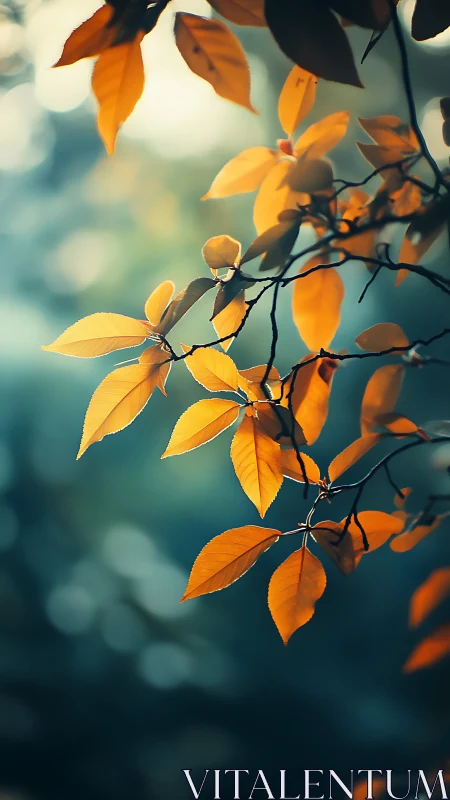 Golden autumn leaves against teal forest bokeh glow.