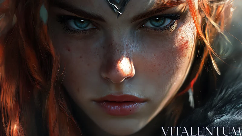 Close frontal portrait of red‑haired warrior character.
