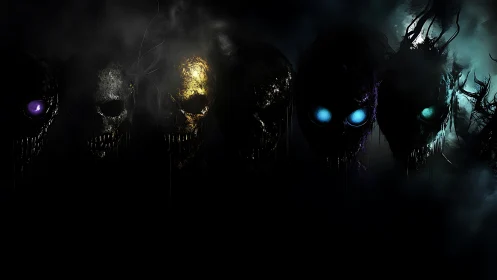 Row of decayed skull-like faces in dark atmospheric void.