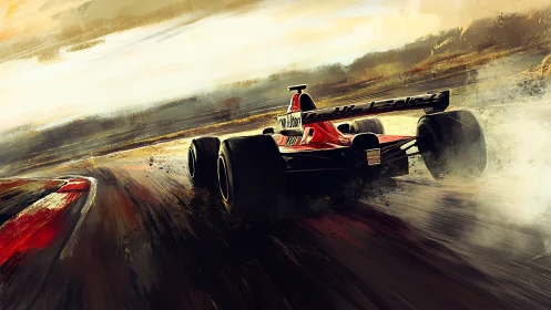 Red Formula race car drifting hard through a fast corner.