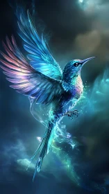 Iridescent bird form is depicted in luminous digital rendering