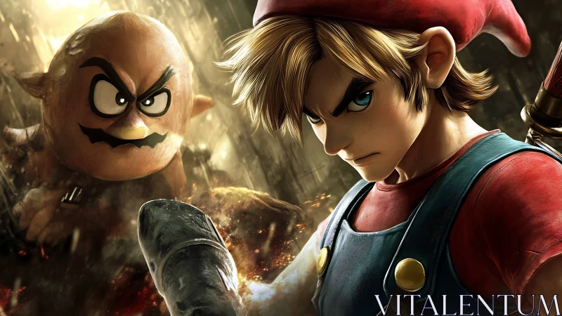 Heroic anime warrior confronts looming foe in dynamic 3D render