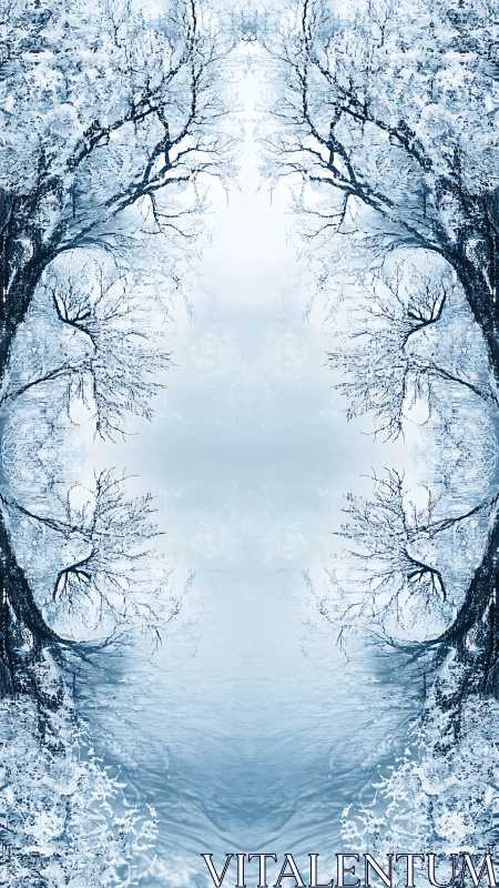 Symmetrical winter treescape mirrored over icy reflective water