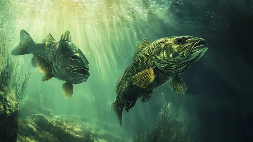 Two underwater fish rendered with directional green backlighting