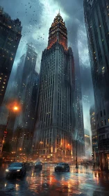 Rain-soaked skyscraper district with central lit tower.
