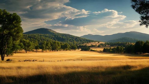 Golden meadow panorama under late-summer alpine light.