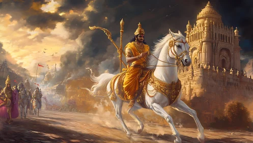 Royal warrior on white steed before storm-lit temple procession.