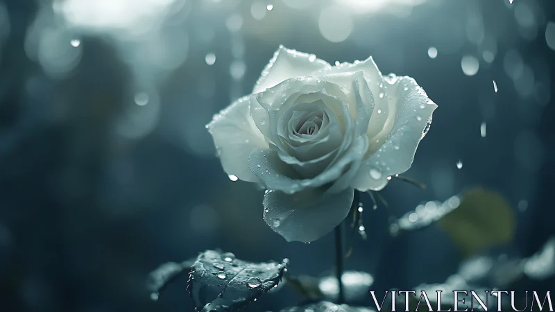 White rose in soft rainlight, glowing with quiet grace.