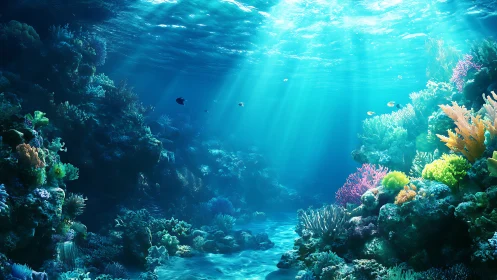 Sunlit underwater coral reef landscape with marine life.