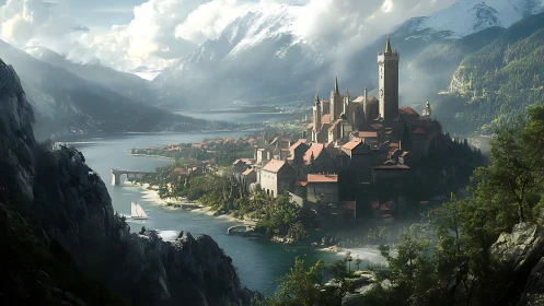 Mountain lake fortress city rises beneath drifting clouds