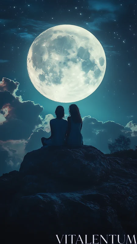 Two Figures Silhouetted Against Luminous Full Moon at Night.