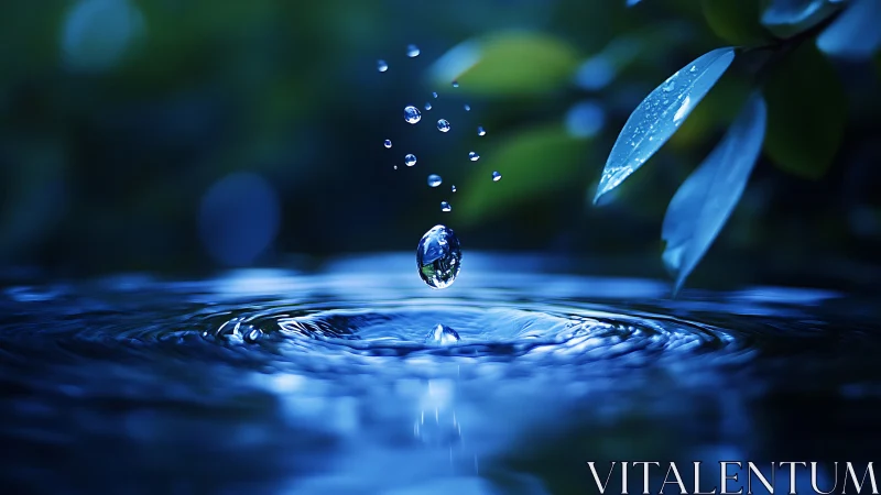 Moonlit water droplet rises from a quiet forest ripple.