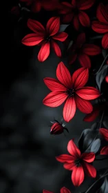 Red petaled flowers with dark center stamens against dramatic black background.
