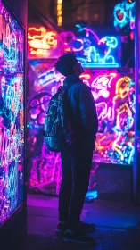 Neon soaked city alley welcomes a lone night wanderer