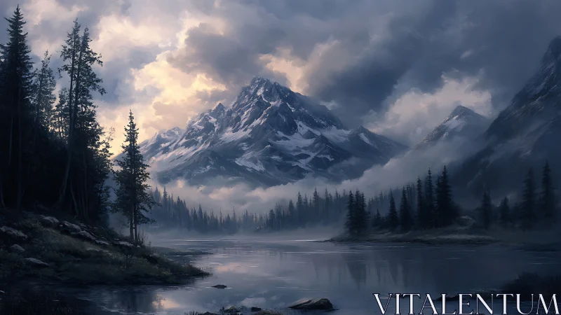 Storm-lit alpine peaks rise above a misty forest lake