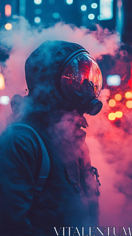 Hooded figure in respirator walks through neon city fog