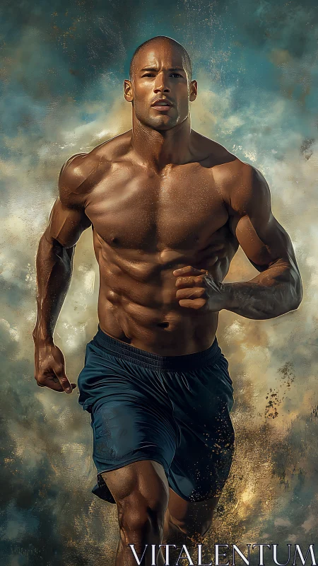 Muscular male sprinter rendered with high-detail digital lighting and motion