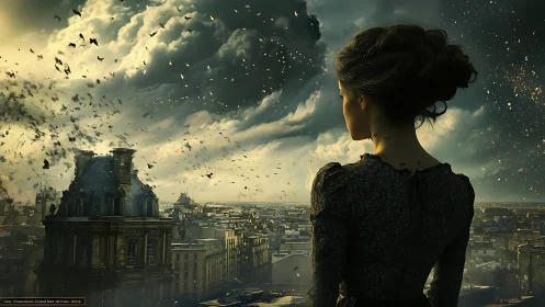 Woman observes storm-torn city skyline under turbulent cloud vortex