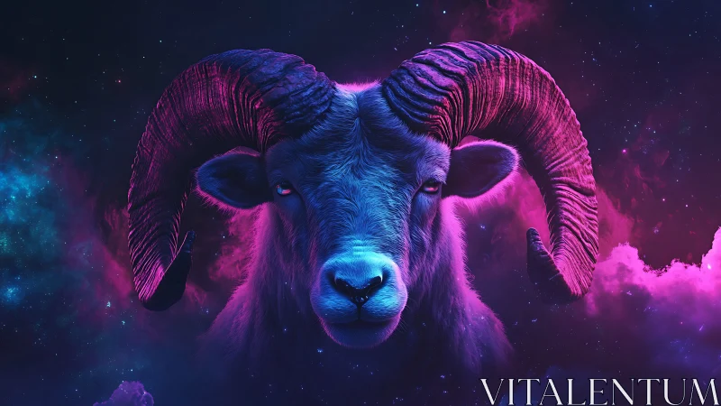 Cosmic ram glowing in dreamy neon starlit clouds.