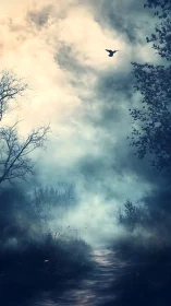 Misty forest path winds beneath a solitary bird in flight